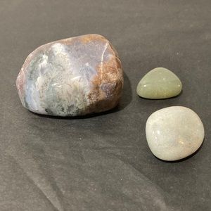 3 polished stones; large moss agate, small green aventurine, small aquamarine